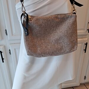 Tweed Textured Cream Brown Lightweight Hobo Crossbody Bag With Black Trim